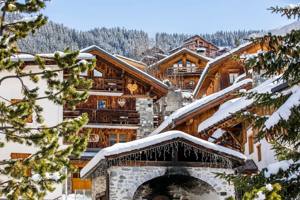 traditional chalets in meribel in winter
