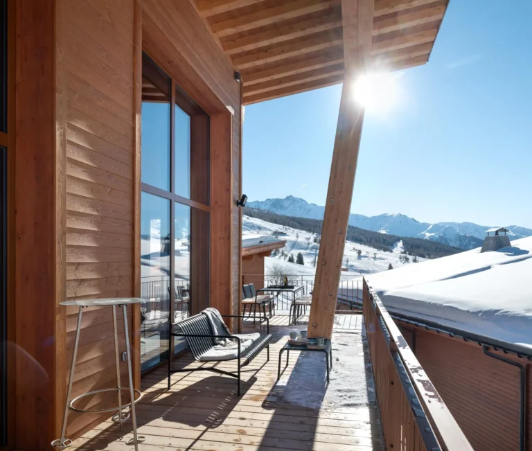 Les Arcs in winter 1 terrasse with panoramic mountain view and ski in ski out access at chalet Charvet rental les arcs in winter