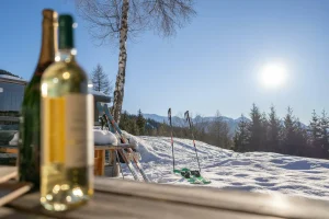 Chalet Saule à Arc 1600 - terrasse extérieure avec skis, vue sur les sommets enneigés