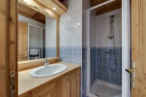En-suite shower room with a washbasin and blue tiles, at Apartment des Eucherts