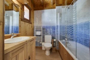 Bathroom with a bathtub, washbasin, toilet and towel radiator, at Apartment des Eucherts