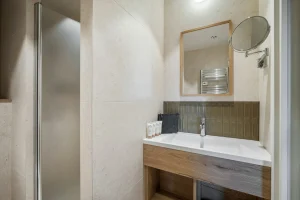 Shower room with a washbasin, a mirror, a glass shower and a towel radiator at Chalet Églantine in Courchevel La Tania