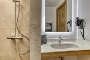 Shower room with a shower, a washbasin and a wall-mounted hairdryer at Chalet Épicéa in Les Saisies