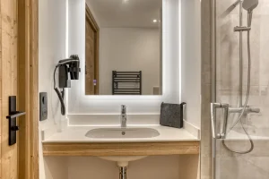 Shower room with a glass shower and a washbasin at Chalet Épicéa in Les Saisies